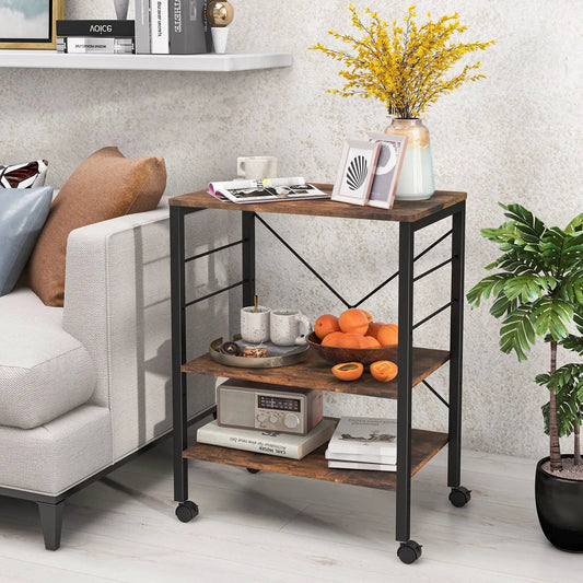 3 Tier Microwave Kitchen Rack with Hooks, black frame, rustic brown wood shelves, caster wheels on Tampa Home & Garden Store