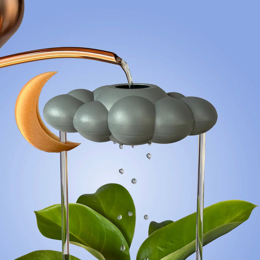 Whimsical Stormy Rain Cloud with Moon Charm watering globe with orange crescent ring on Tampa Home & Garden Store