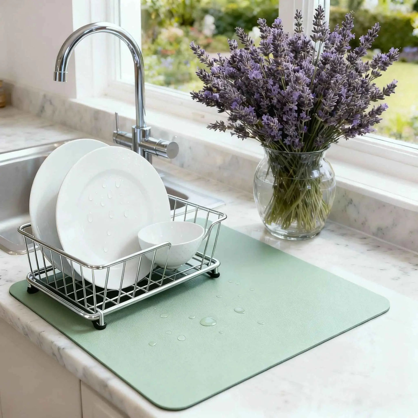 Strabella Coffee Bar Mat green super absorbent non-slip kitchen drain board beside dish rack on Tampa Home & Garden Store