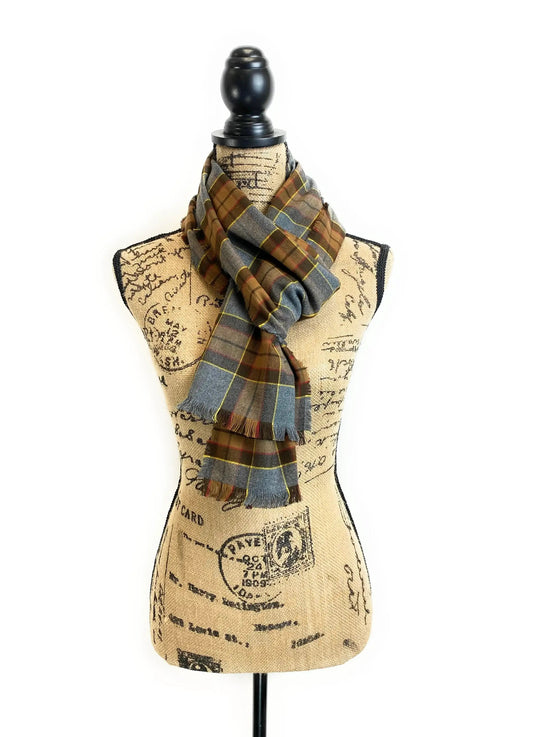 Outlander Clan Fraser Inspired Straight Scarf blue gray plaid with yellow accents wrapped on mannequin on Tampa Home & Garden Store