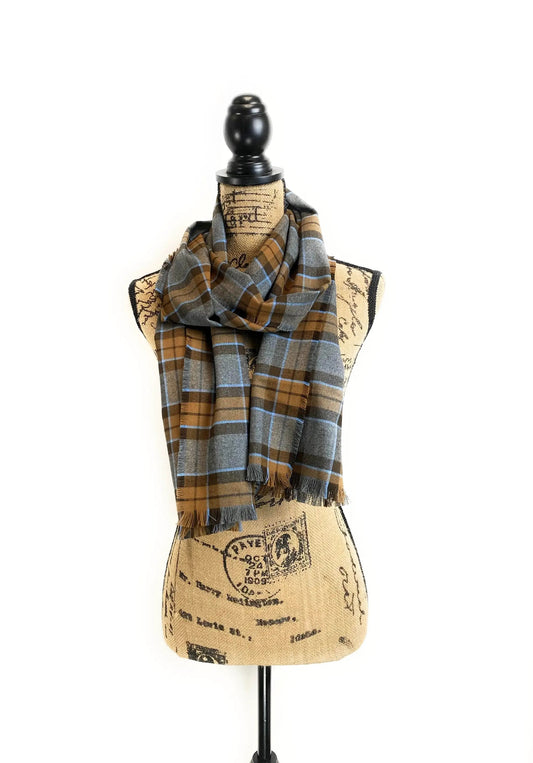 Straight scarf Thistle & Stitch MacKenzie gray plaid with blue accents on mannequin on Tampa Home & Garden Store