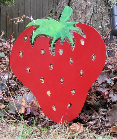 Strawberry garden stake Rustica Ornamentals; red metal garden sculpture with green leafy top on Tampa Home & Garden Store