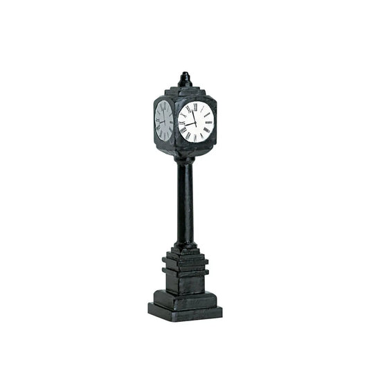 Street Clock for Christmas Villages, black metal two-faced clock on a stepped pedestal base on Tampa Home & Garden Store