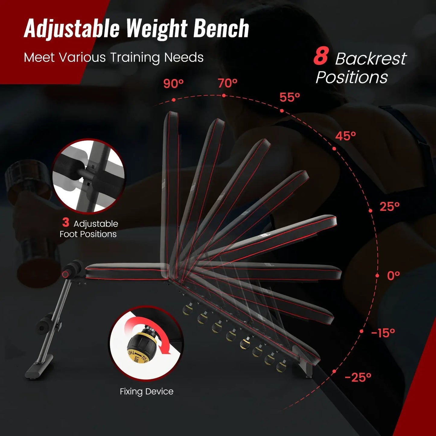 DirectDeals adjustable weight bench with red trim, 8 backrest positions and 3 foot positions on Tampa Home & Garden Store