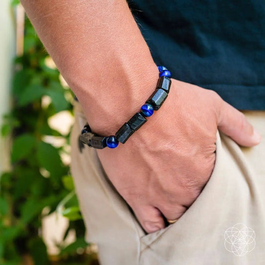 Stress Less Aura Protection Bracelet Conscious Items with black block beads blue accents on Tampa Home & Garden Store