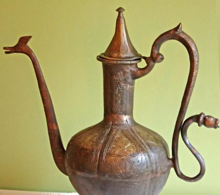 Antique Aftaba Pot large hand hammered bronze with long curved spout and ornate engravings on Tampa Home & Garden Store