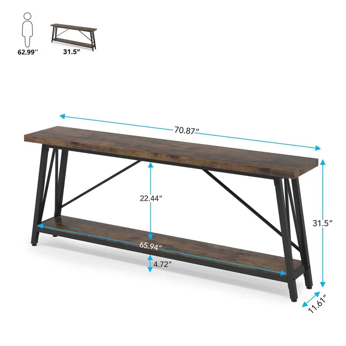Sturdy 70-Inch Industrial Console Table by HomePacific with brown wood top and black metal frame on Tampa Home & Garden Store