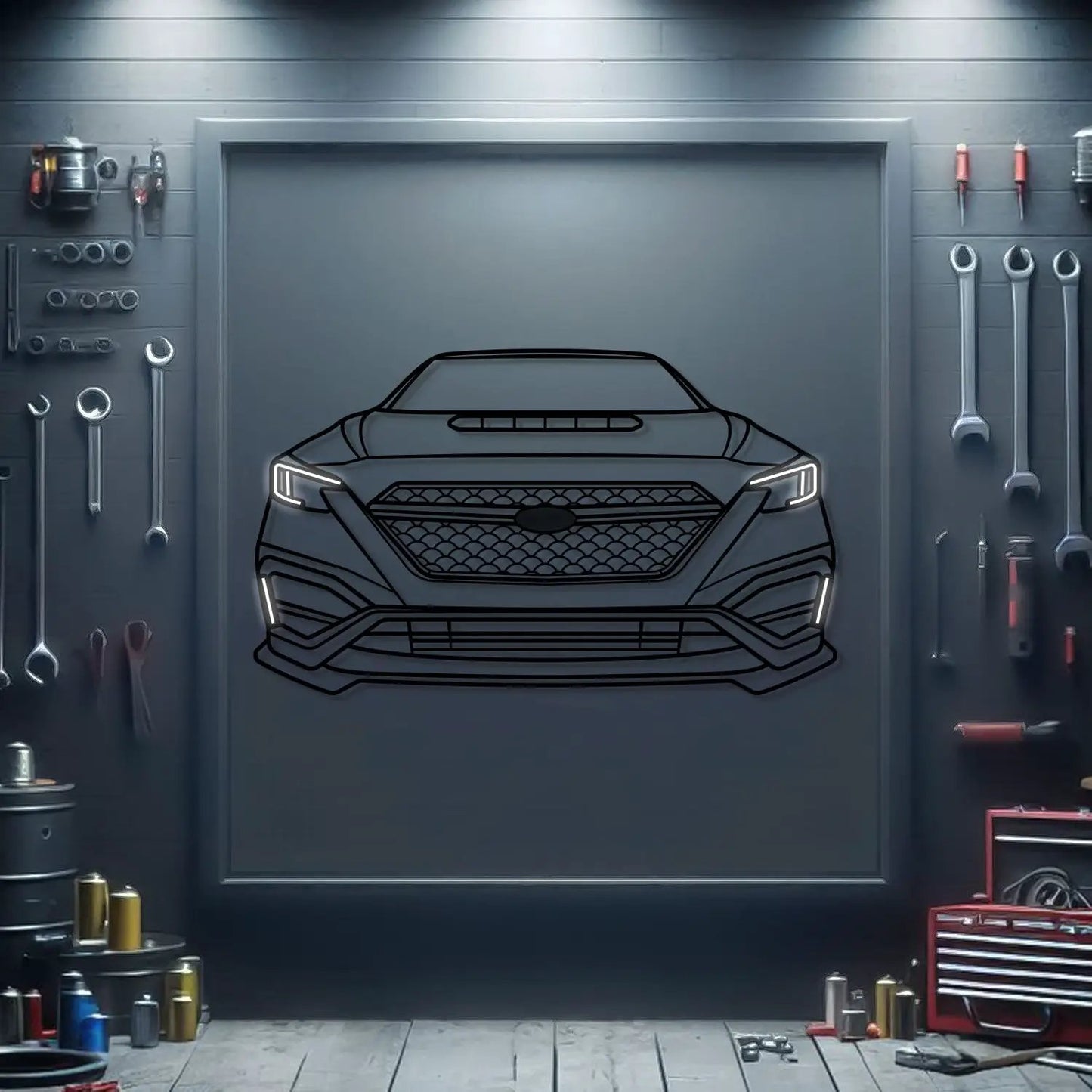 2023 WRX Limited Metal Neon Car Wall Art by Modello Turbo, neon-outline car on dark wall on Tampa Home & Garden Store