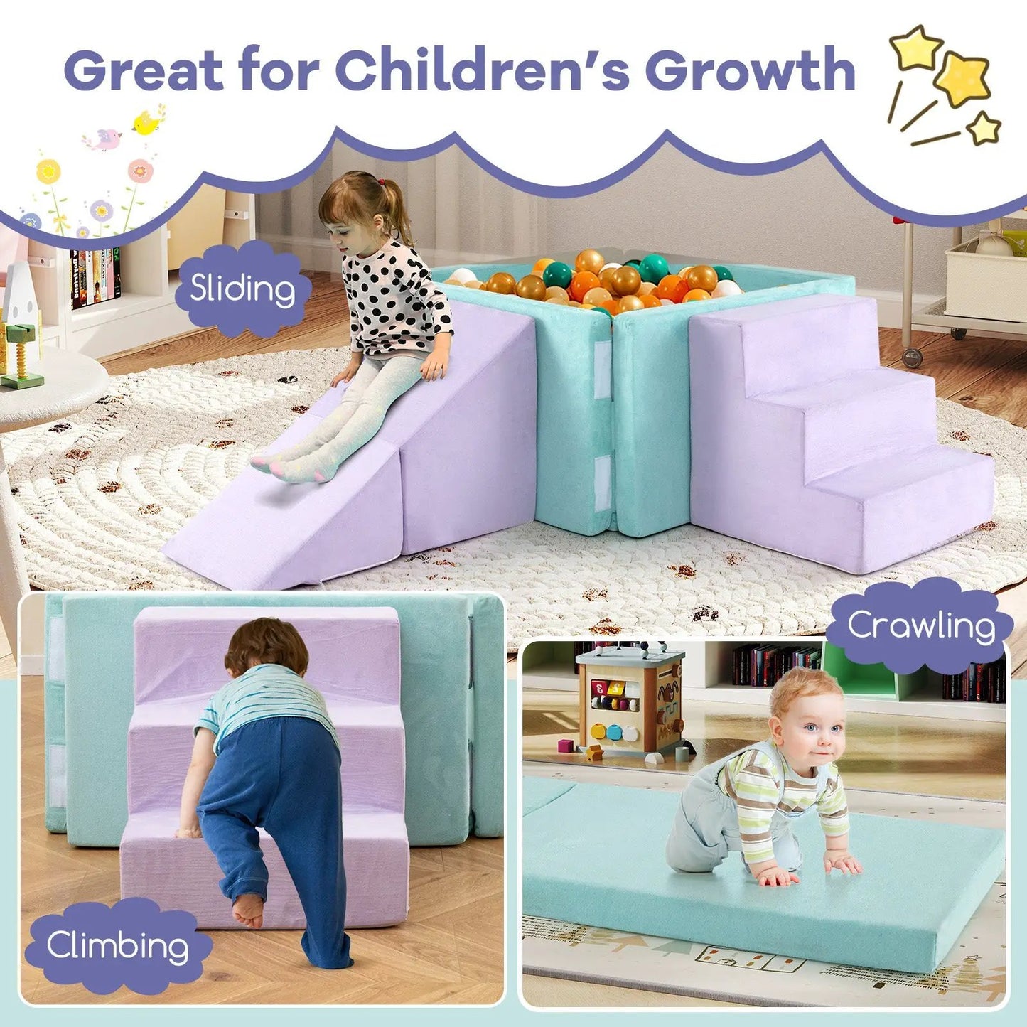 3-in-1 Soft Play Climbing Blocks for Toddlers with pastel purple & aqua foam slide into ball pit on Tampa Home & Garden Store