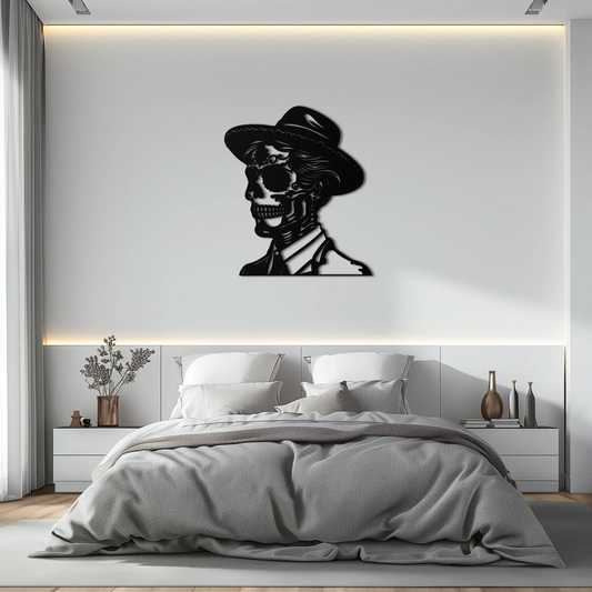 Sugar Head Makeup Man Metal Wall Art Silhouette black steel skull with hat Enova Art on Tampa Home & Garden Store