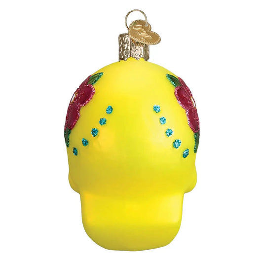 Sugar Skull Glass Ornament yellow body with pink flower accents and turquoise glitter dots on Tampa Home & Garden Store