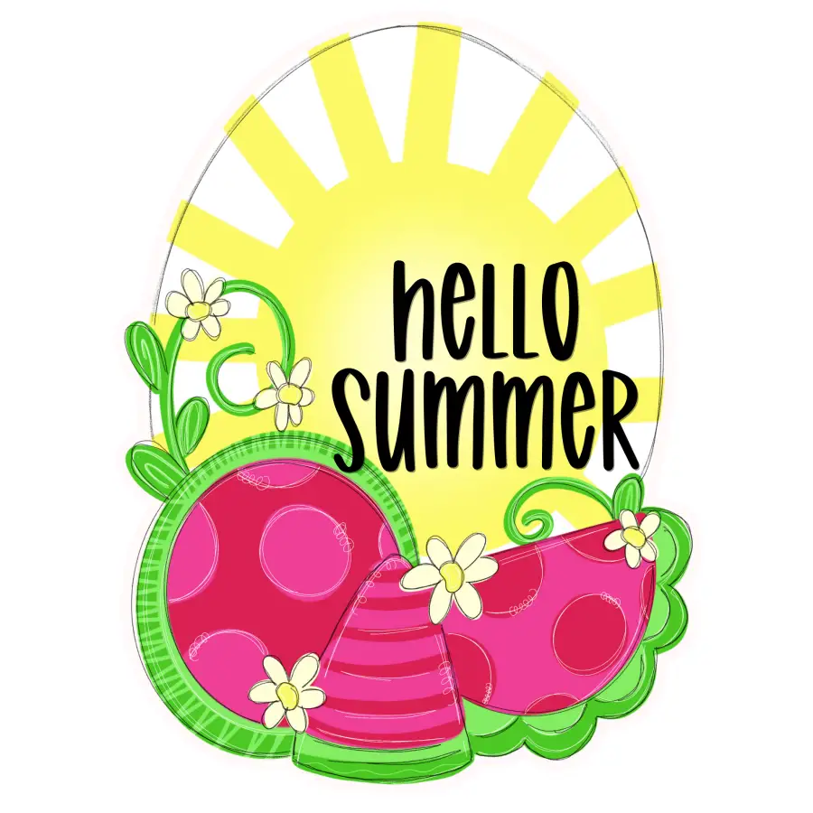 Door hanger Hello Summer Watermelon wood sign with bright yellow sun and pink watermelons on Tampa Home & Garden Store