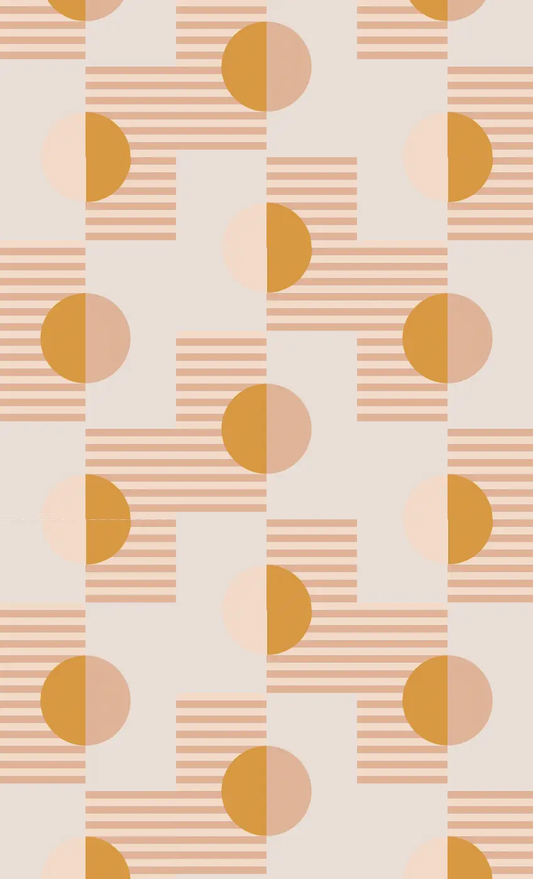 Summer Suns Wallpaper blush and mustard geometric pattern with circles and stripes on Tampa Home & Garden Store