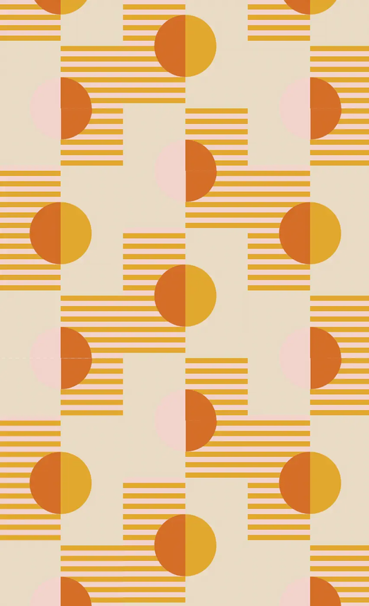 Summer Suns Wallpaper in yellow and orange with half-circle motifs and striped blocks on beige on Tampa Home & Garden Store