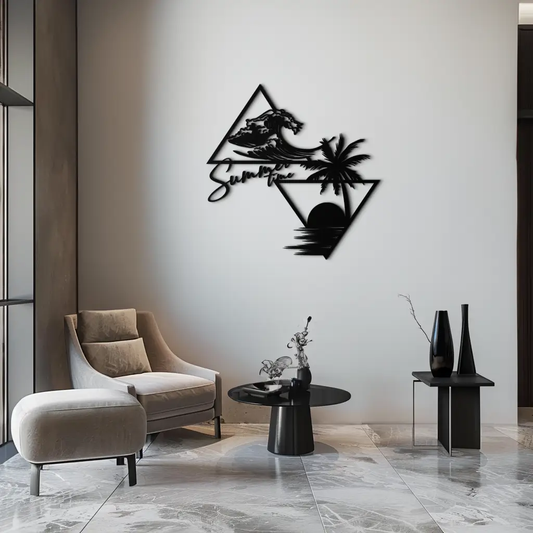 Summer Beach Scene Palm Tree metal wall art in black, Enova Art coastal decor on Tampa Home & Garden Store