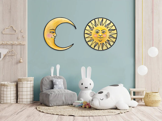 Sun and Moon Wall Art Set ready to hang; two celestial pieces with smiling faces in yellow on Tampa Home & Garden Store