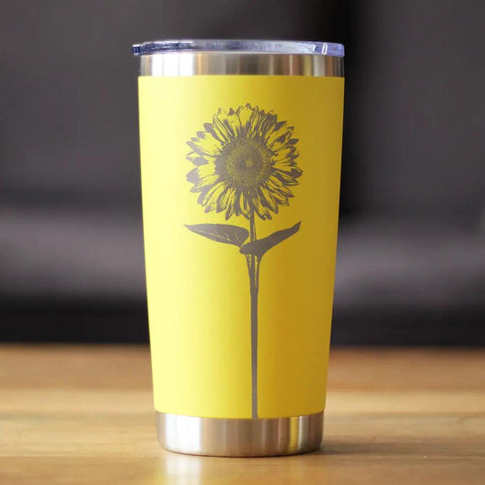 Sunflower insulated coffee tumbler with lid bevvee, yellow with sunflower motif on Tampa Home & Garden Store