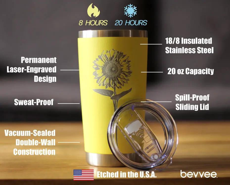 Sunflower Insulated Coffee Tumbler with Lid by bevvee, yellow stainless steel 20 oz on Tampa Home & Garden Store