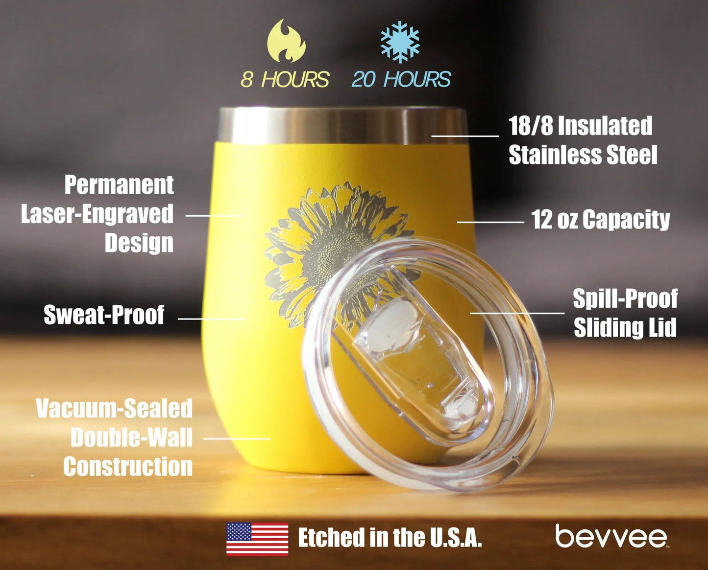Sunflower Wine Tumbler with Sliding Lid by Bevvee, 12 oz stainless steel insulated on Tampa Home & Garden Store