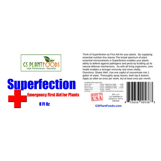 Superfection Emergency First Aid for Plants label with GS Plant Foods logo, red cross, 8 oz on Tampa Home & Garden Store