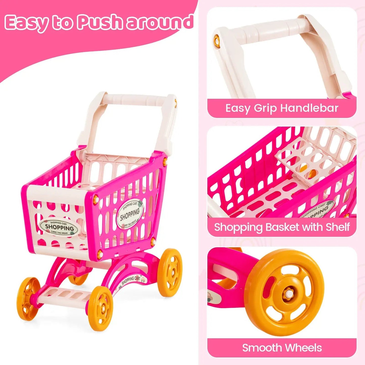 Supermarket playset shopping cart for kids 76 pieces pink frame white basket orange wheels on Tampa Home & Garden Store