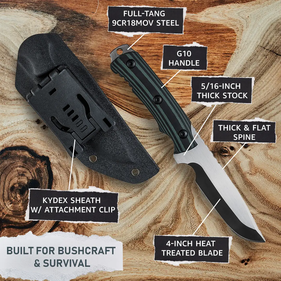 Survival knife with heat-treated 4-inch blade, full-tang 9CR18MOV steel, green G10 handle on Tampa Home & Garden Store
