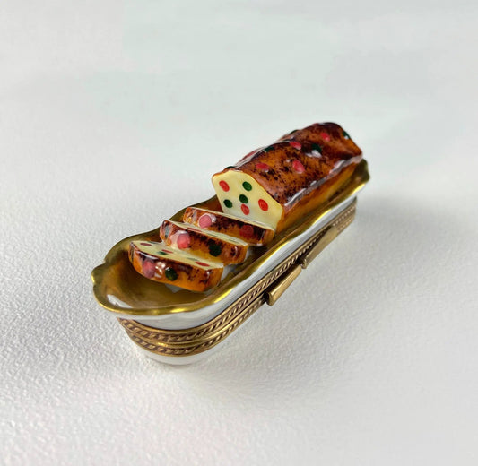 Sweet Bread Porcelain Limoges Box hand painted, stacked loaf slices on gold tray on Tampa Home & Garden Store