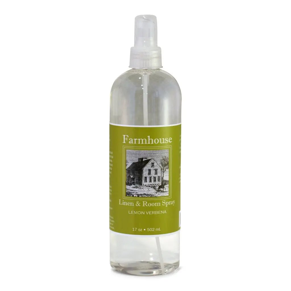 Lemon Verbena Linen & Room Spray in a spray bottle with olive green Farmhouse label on Tampa Home & Garden Store