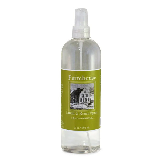 Lemon Verbena Linen & Room Spray in a spray bottle with olive green Farmhouse label on Tampa Home & Garden Store