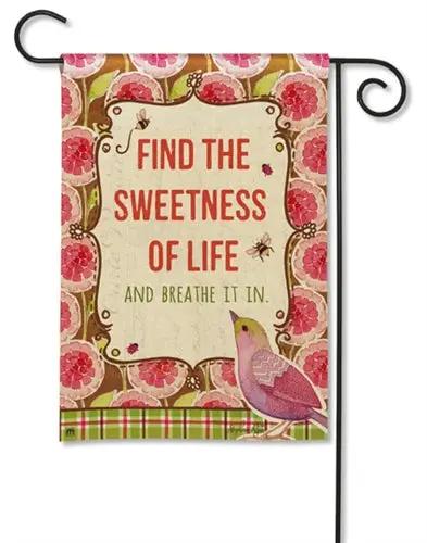 Garden flag Sweetness of Life pink floral border beige center red text pink bird on Tampa Home & Garden Store