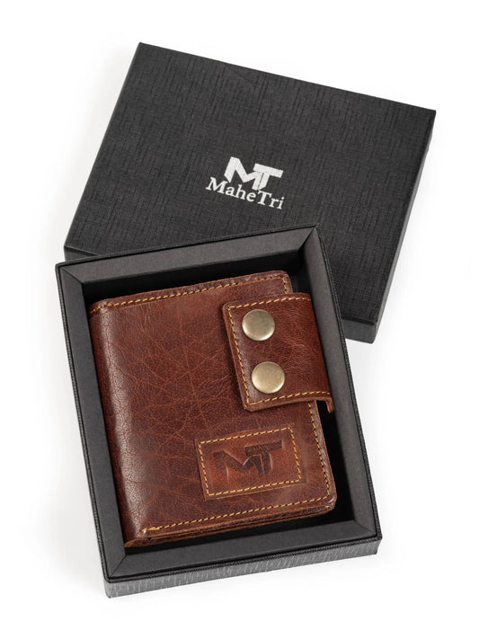 Swift Hold Brown Leather Wallet for Everyday Travel brown leather with brass snap in MaheTri box on Tampa Home & Garden Store