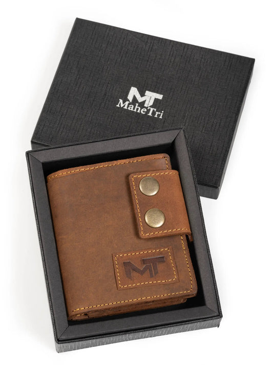 Swift Hold Wallet tan brown leather with contrast stitching and snap closure, MaheTri box