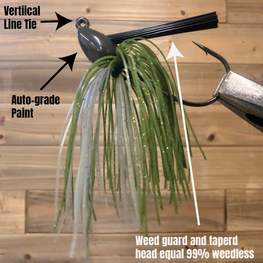 Weedless Swim Jig with Razor Sharp Nickel Hook, weed guard, black head, green/gray skirt on Tampa Home & Garden Store