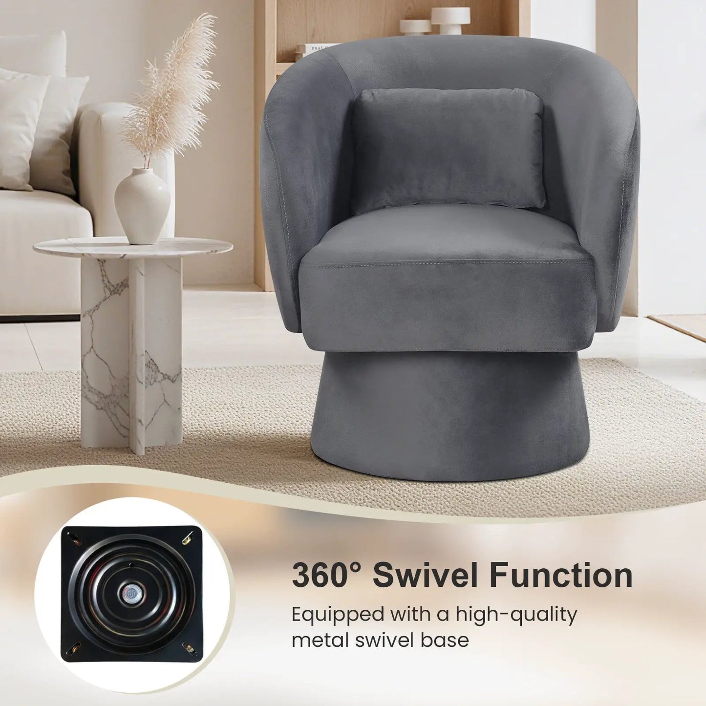 Swivel Accent Chair with Removable Lumbar Pillow in gray fabric, rounded back and pedestal on Tampa Home & Garden Store