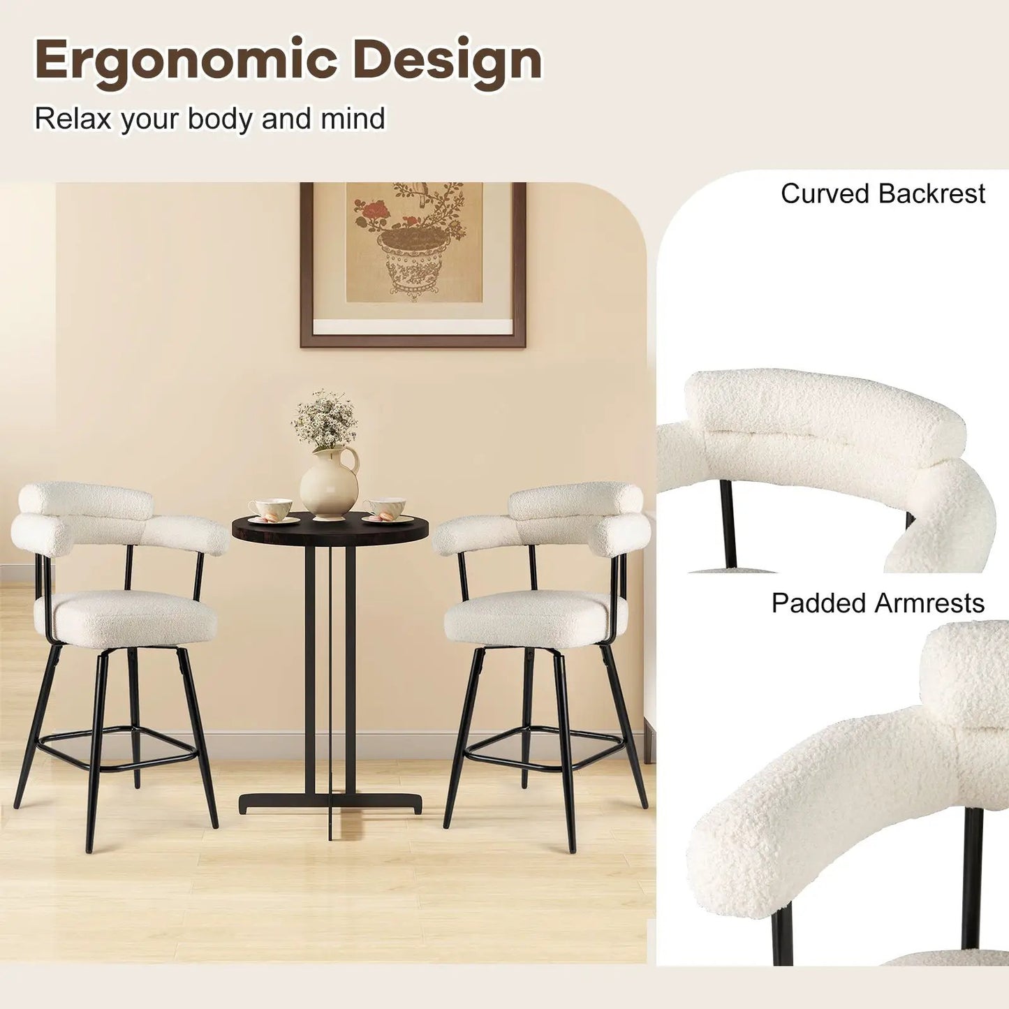 Swivel Bar Stools set of 2 counter height with curved backs, boucle upholstery on black bases on Tampa Home & Garden Store