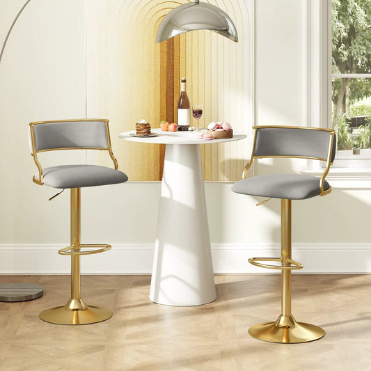 Swivel Bar Stools set of 2 Grey Dutch Velvet with gold metal frames and footrests on Tampa Home & Garden Store