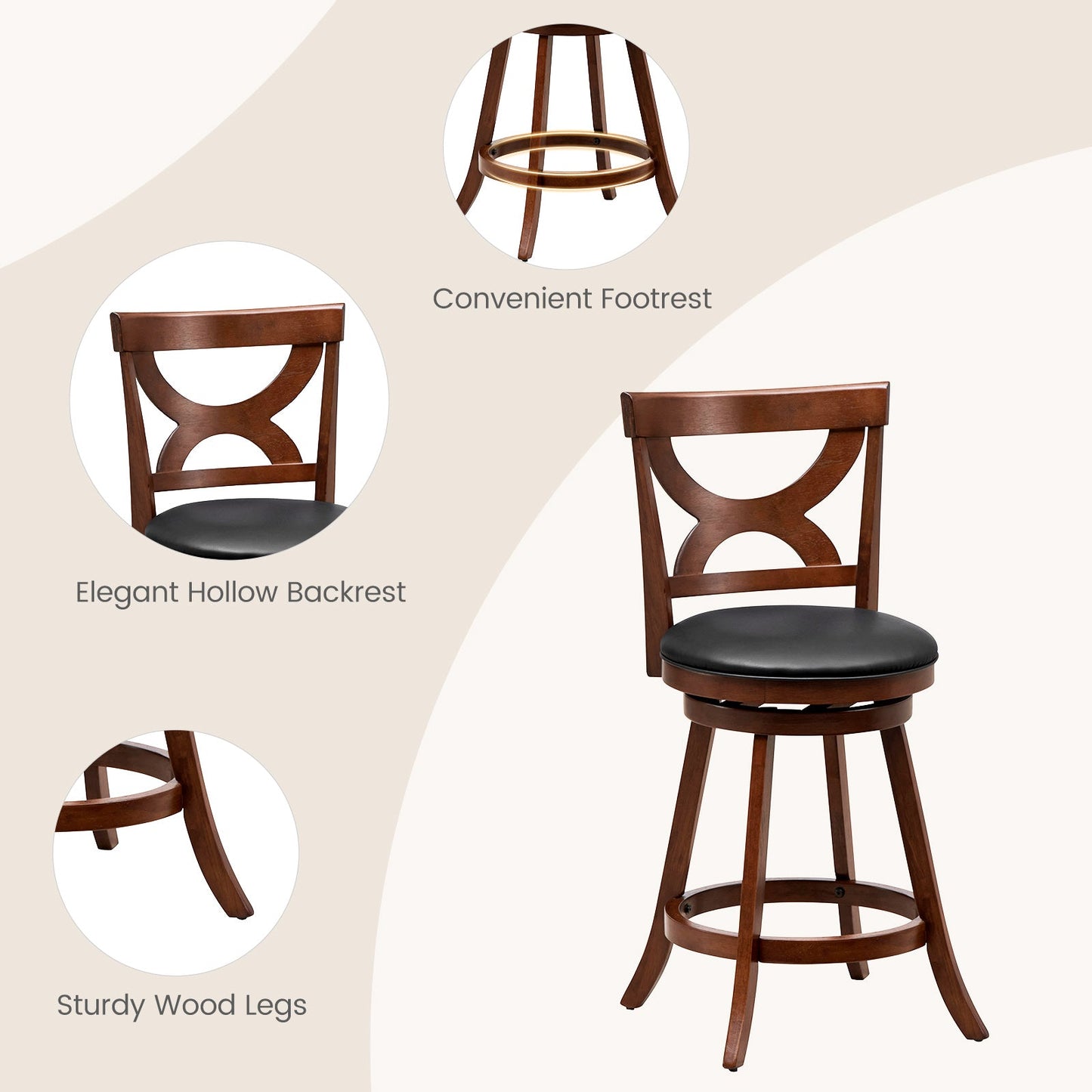 24 Inch Swivel Bar Stools Set of 2 with Soft Cushion and Elegant Hollow Backrest - Tampa Home & Garden Store