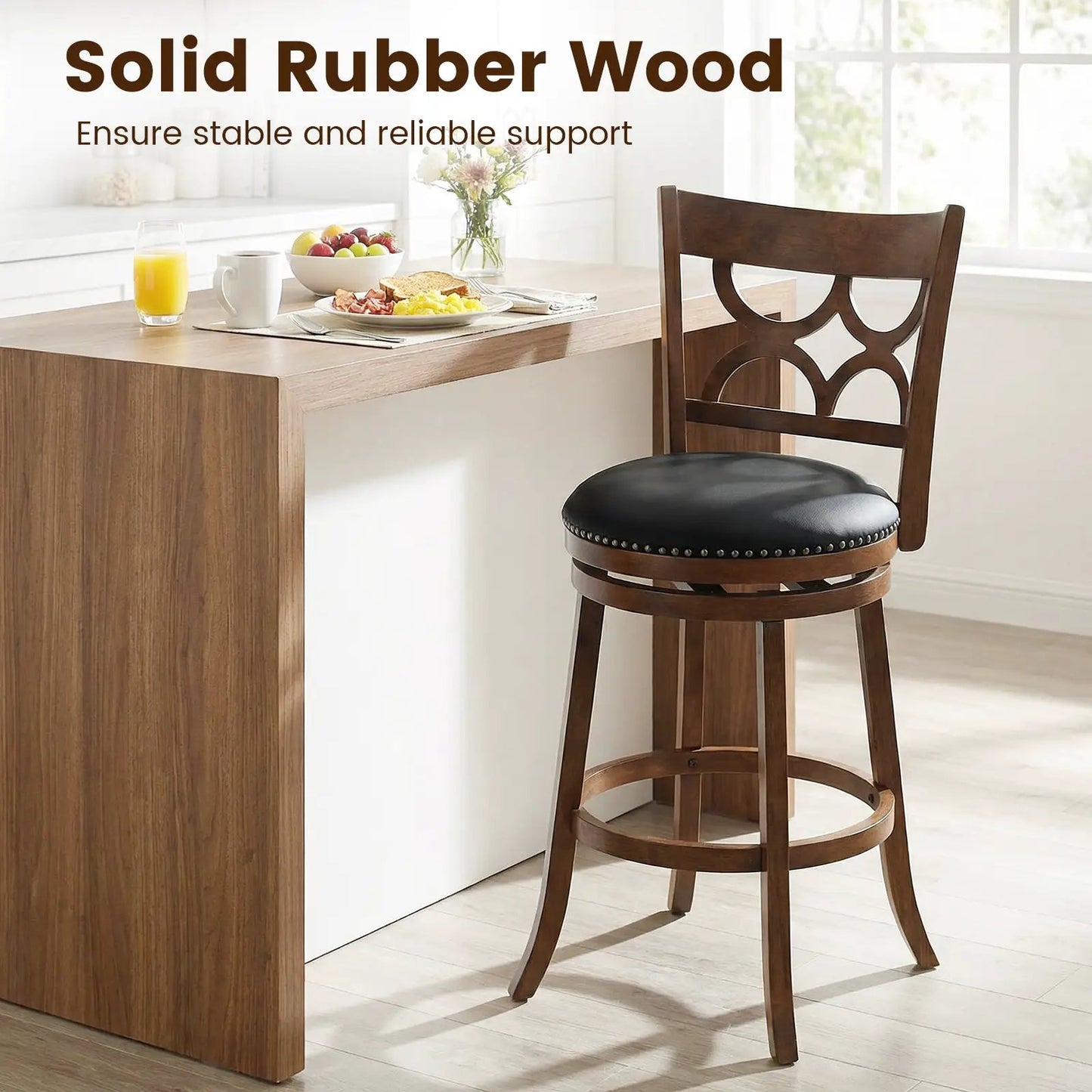 Swivel bar stools set of 2 with high back, dark wood frame, black cushioned seat on Tampa Home & Garden Store