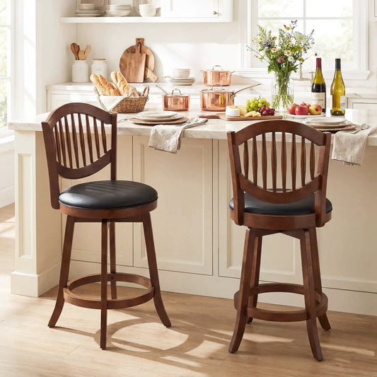 Swivel Bar Stools Set of 2 with Backrests, dark wood frame and black cushioned seats on Tampa Home & Garden Store