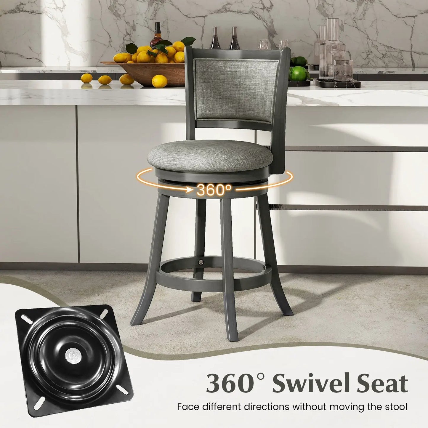 Swivel Bar Stools set of 2 with gray upholstered back and seat, dark wood frame 360° swivel on Tampa Home & Garden Store