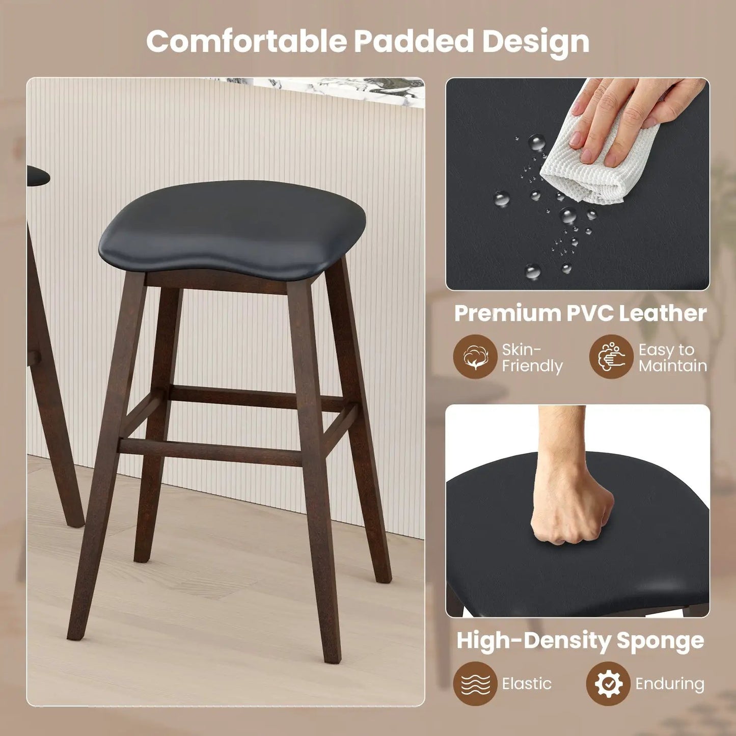 Set of 2 swivel bar stools with padded black PVC leather seat on dark wood legs and a footrest on Tampa Home & Garden Store