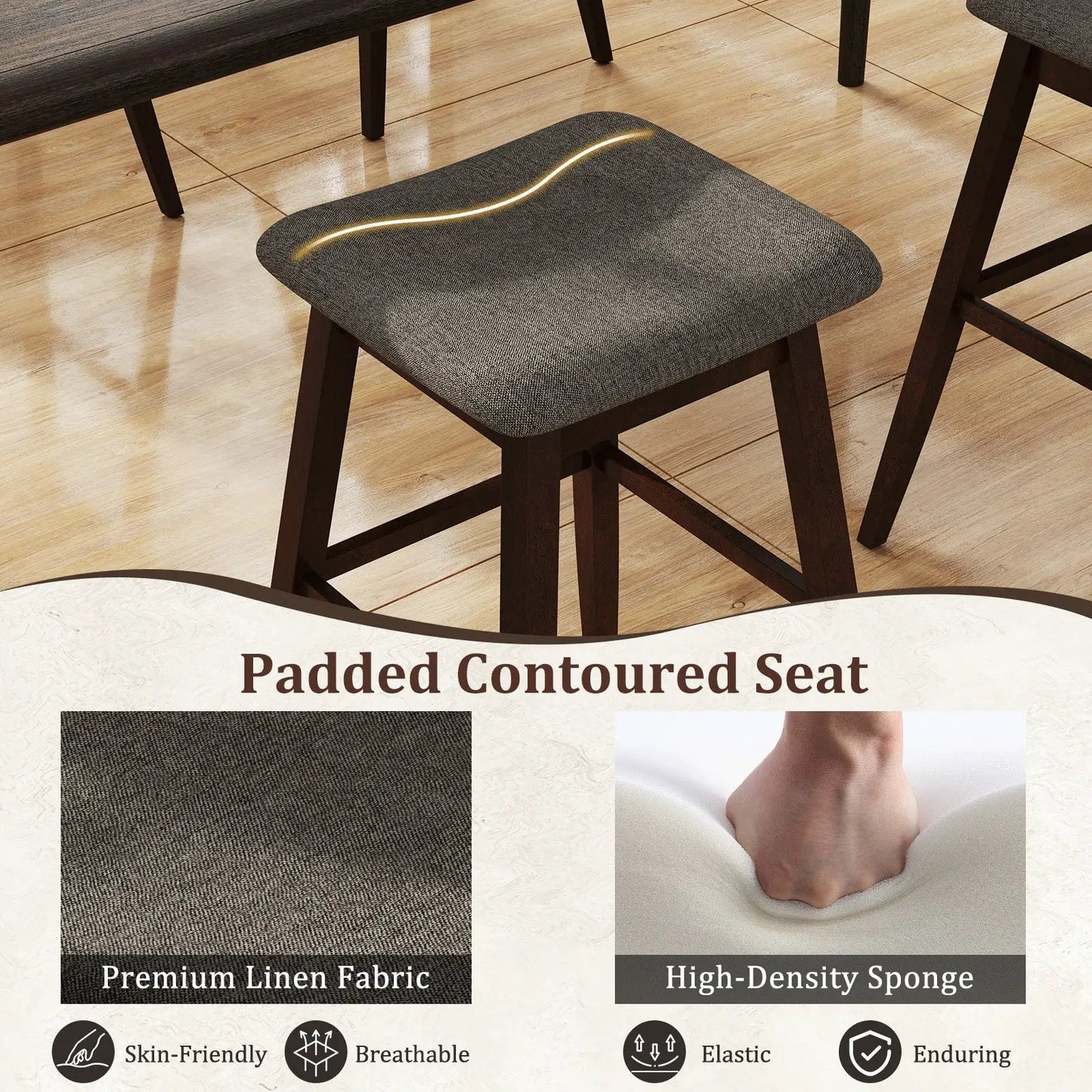 Swivel bar stools set of 2 with padded contoured gray fabric seats and rubber wood legs on Tampa Home & Garden Store