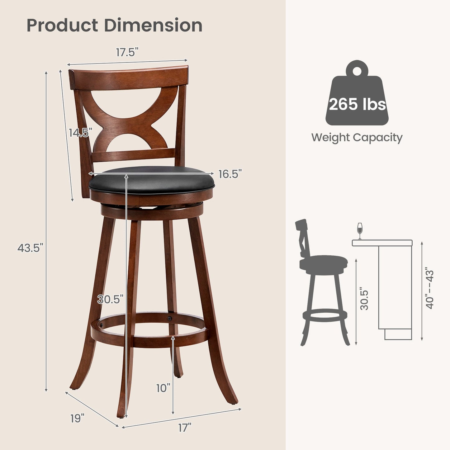 24 Inch Swivel Bar Stools Set of 2 with Soft Cushion and Elegant Hollow Backrest