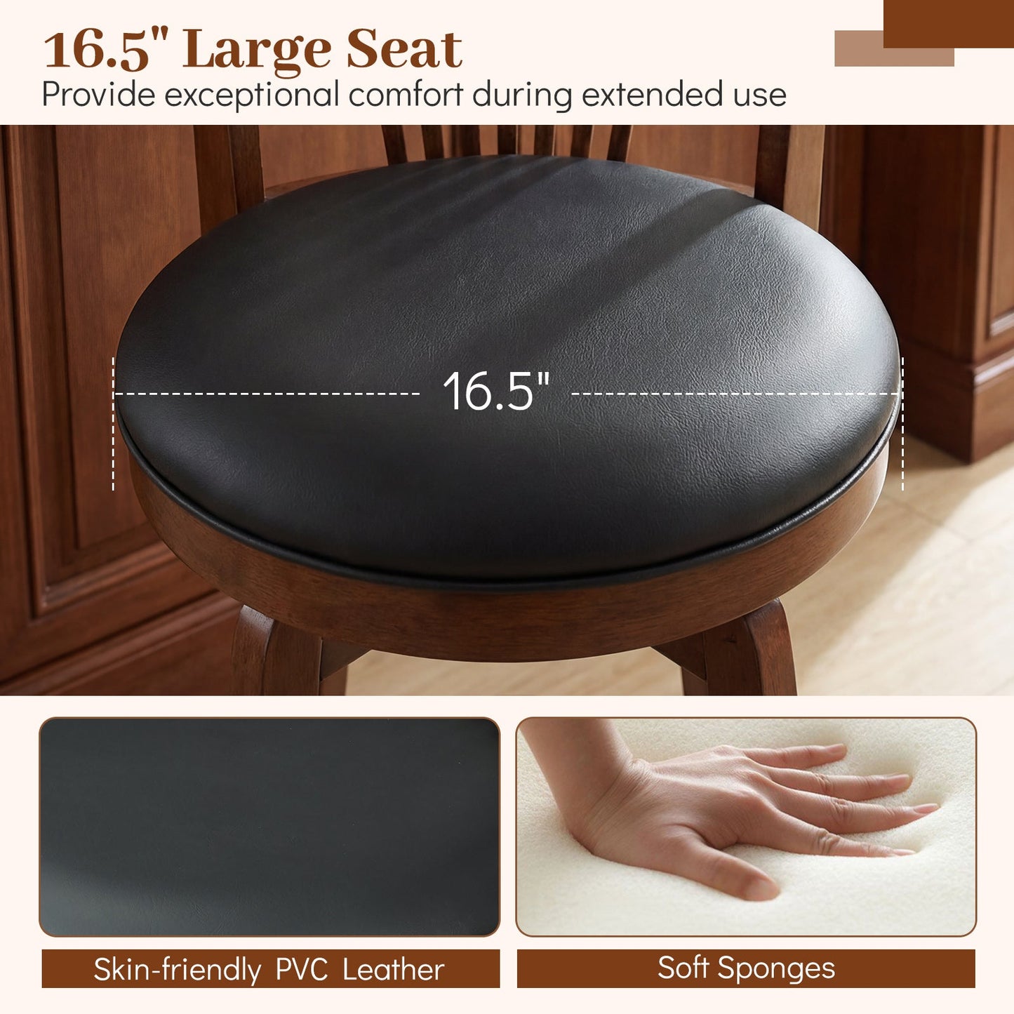 Swivel bar stool with black PVC leather seat, 16.5-inch diameter, wood frame on Tampa Home & Garden Store