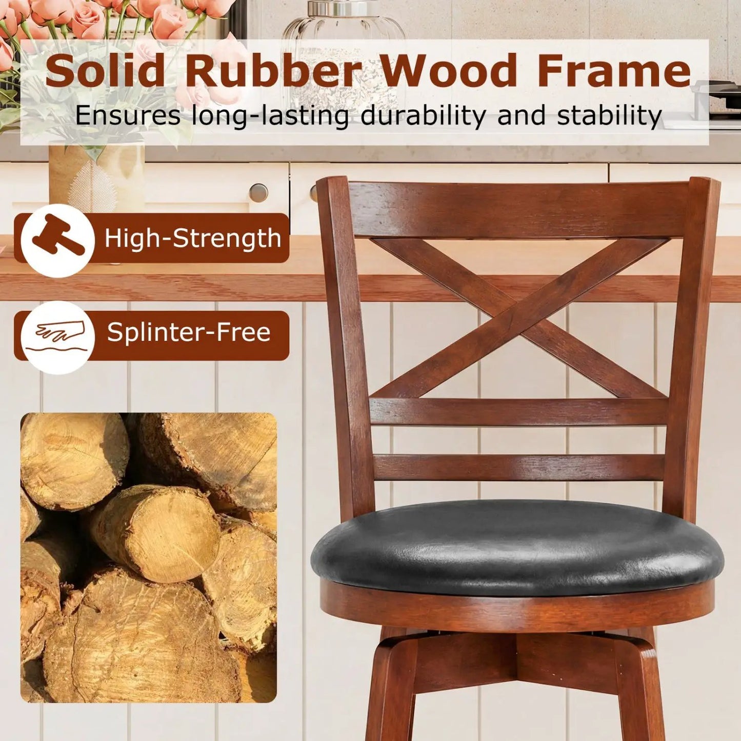 Swivel Bar Stool with Backrest and Footrest dark wood frame black cushioned seat on Tampa Home & Garden Store