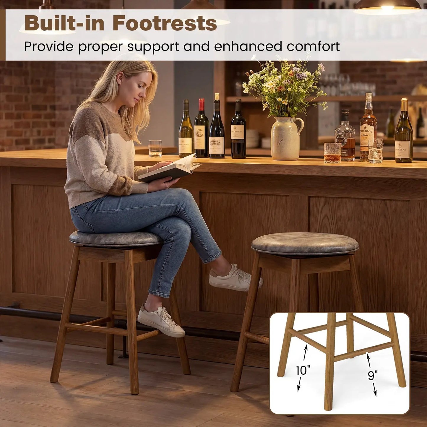 Swivel counter height bar stools set of 2 with wood legs and footrests on Tampa Home & Garden Store