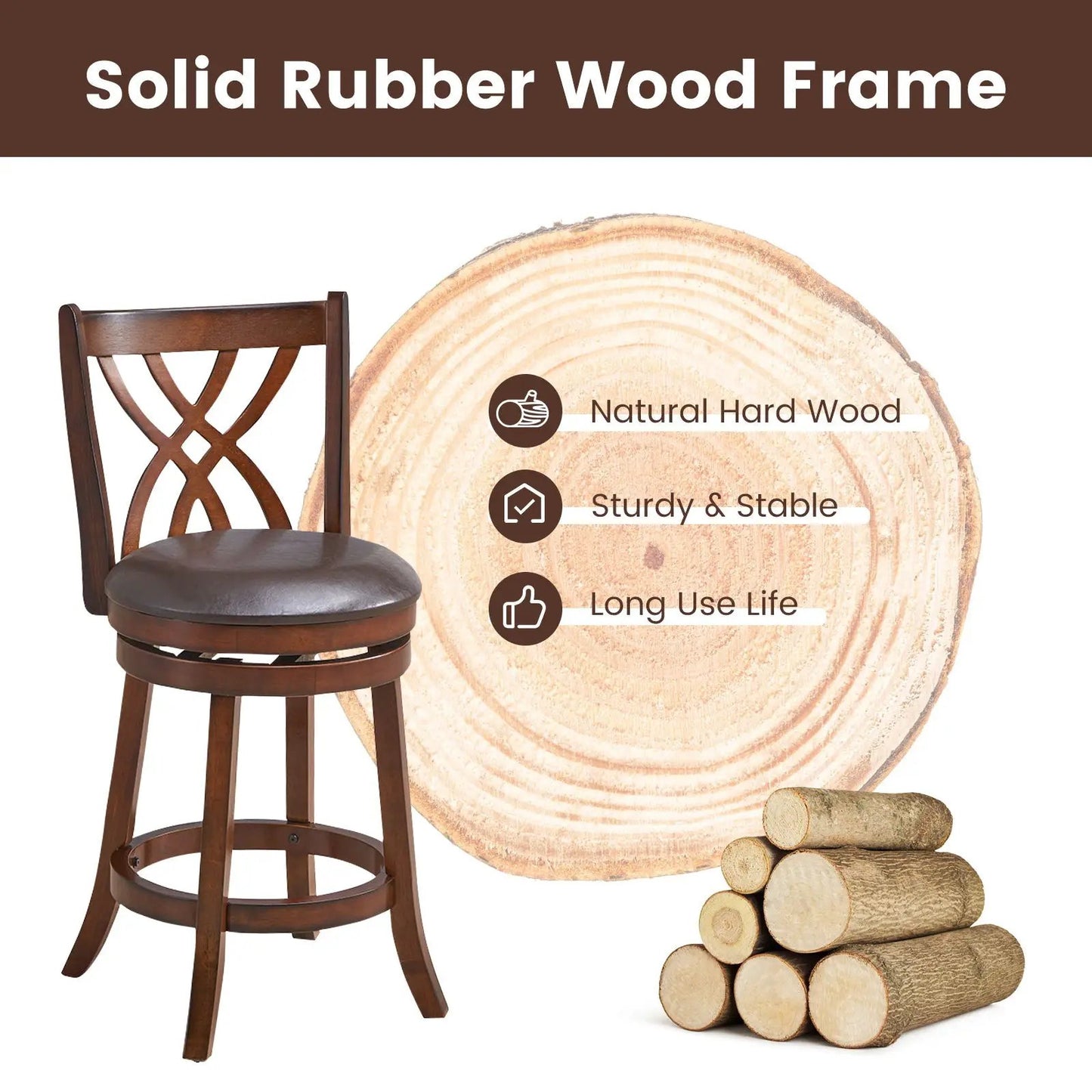 360° Swivel Counter Stool with PU Leather Cushioned Seat, Brown Solid Rubber Wood Frame on Tampa Home & Garden Store
