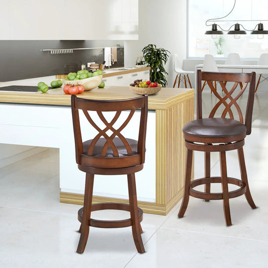 Pair of 360° swivel counter chairs with PU leather cushioned seats and brown wood frames on Tampa Home & Garden Store