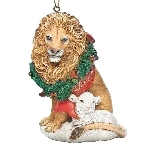 Symbolic Lion and Lamb resin ornament, lion with white lamb and green garland on Tampa Home & Garden Store