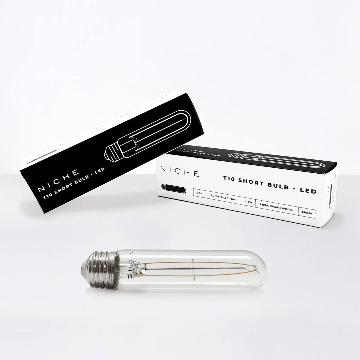 T10 Short LED Bulb 120V by Niche; two boxes, clear filament, warm white 2200K 350LM on Tampa Home & Garden Store